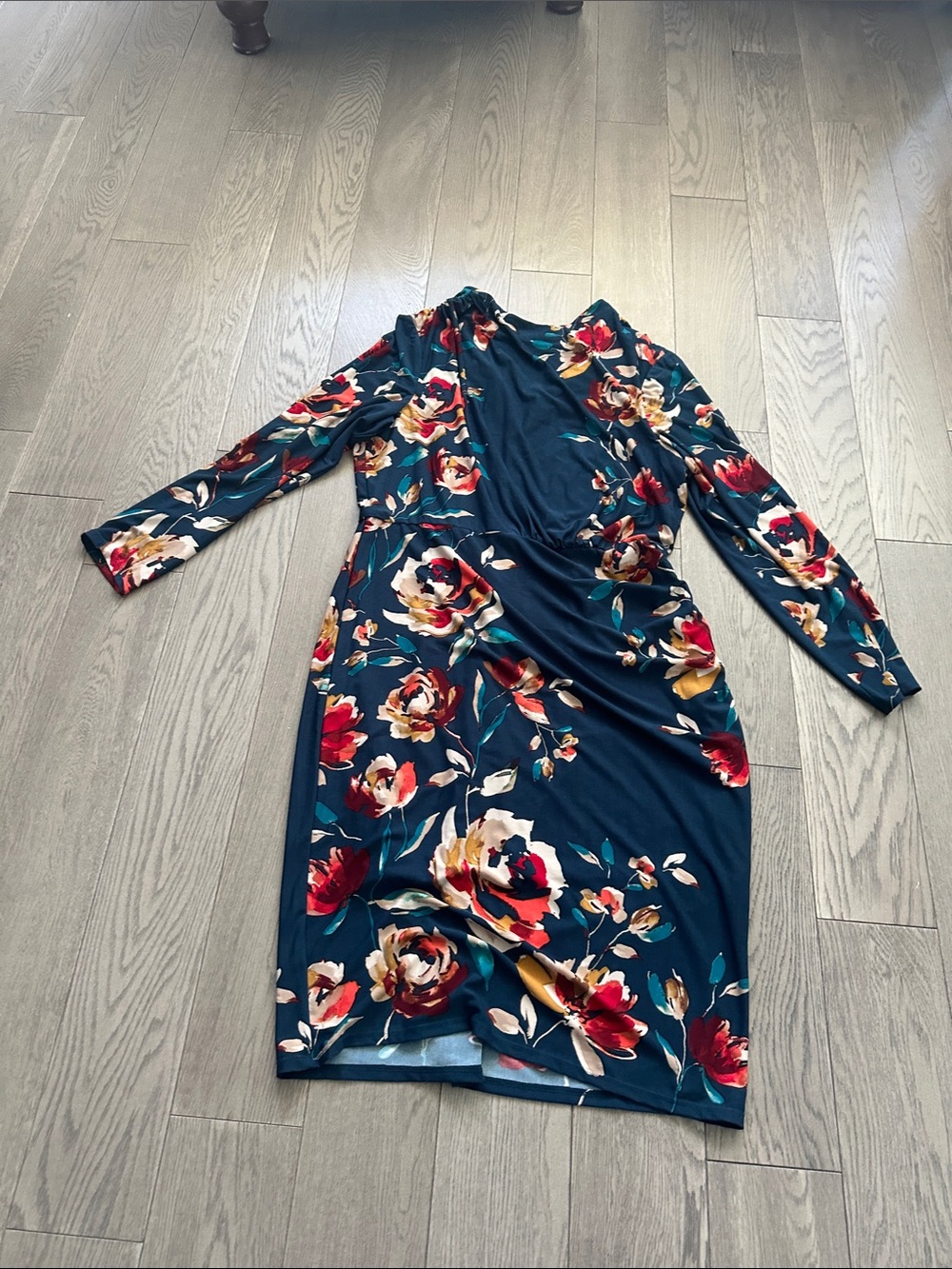 Teal Floral Long-Sleeve Faux-Wrap Dress